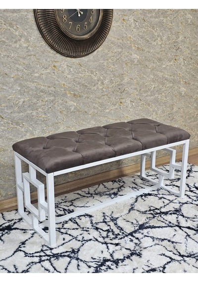 Zafir Beyaz Boyalı İçi Kareli Diktörtgen 100 Cm X 40 Cm Oturak Puf - Bench - Makyaj Oturağı - Oturak Kahverengi