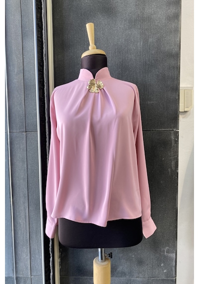 Pera Moda Gold Broş Detaylı Şık Bluz Gömlek Gül Kurusu