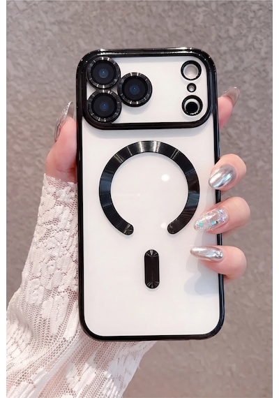 Fibaks iPhone 17 Pro Max Uyumlu Kılıf Kamera Lens Korumalı Magsafe Şarj Kilifi Şeffaf Renkli Yumuşak Kapak Siyah