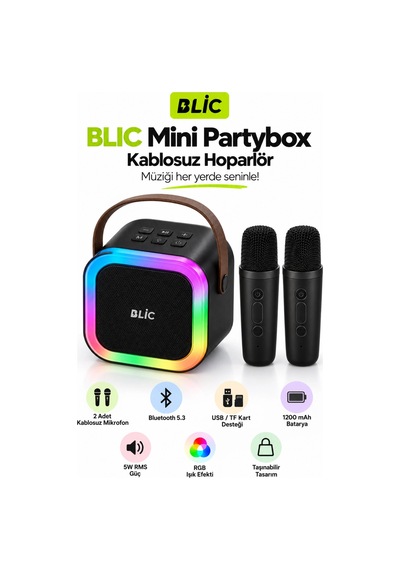 Blic Bls-97 Siyah Partybox Çift Kablosuz Mikrofonlu Rgb Led Işıklı Taşınabilir Bluetooth Hoparlör