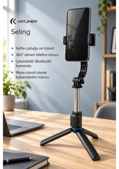 C01 Seling Bluetooth Kumandalı Tripod Selfie Çubuğu 107,5 Cm, 7 Bölümlü, Çıkarılabilir Tutucu, Cr2032 - Siyah