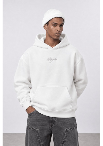 Respire Erkek Rosette Nakışlı Oversize Hoodie Ekru