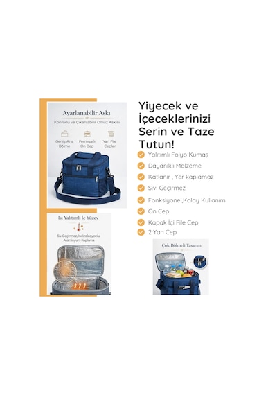 Termal Çanta 11 Lt Buzluk Çanta, Soğuk Tutan, Çift Saplı El & Omuz , File Kapaklı-313 Koyu Mavi