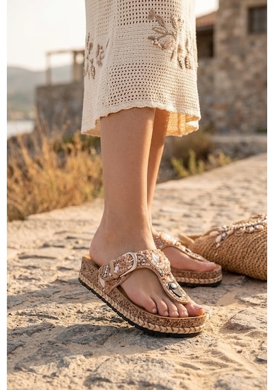 Guja 26y217-4 Kadın Taşlı Düz Terlik Camel