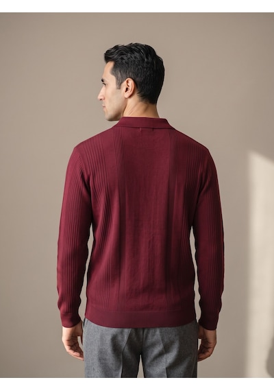 Maccali Erkek Bordo Bantlı Fermuarlı Polo Yaka Triko Kazak