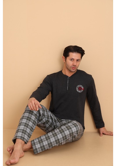 Wordex Flk 7014 İnterlok Kışlık Ekose Pijamalı Erkek Pijama Takımı Antrasit