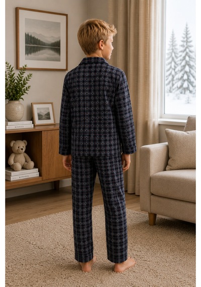 Free Beka Ekose Desenli Uzun Kollu Gömlek Yaka Düğmeli Erkek Çocuk Pijama Takımı Gri