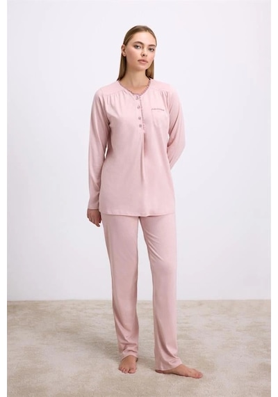 Will Like Gül Kurusu Modal Pamuklu Uzun Kollu Düğmeli 2'li Pijama Takımı Gül Kurusu