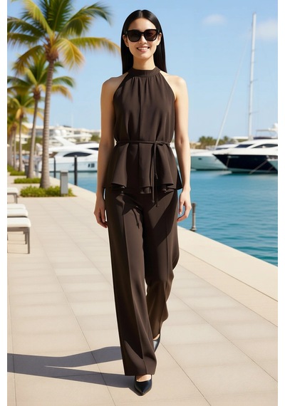 Benerly Kadın Büyük Beden Kolsuz Oversize Bluz Pantolonlu İkili Takım Bel Kahverengi