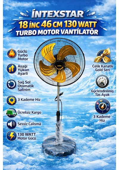 İntexstar 18 İnç 46 Cm Süper Sessiz Bakır Sargılı Turbo Motor 5 Çelik Kanatlı 130watt Vantilatör Pervane Soğutucu