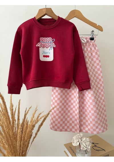 Magu Kız Çocuk Pamuklu Baskılı Bordo Sweatshirt Ve Eşofman Takımı Çok Renkli