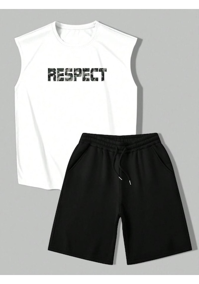 Altamira Erkek Beyaz Respect Baskılı Kolsuz T-shirt Şort Takım 001
