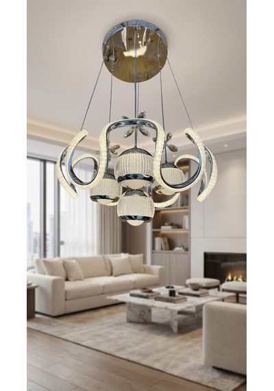 Arya Xl Yakamoz 4 Top Simli Slikon Modern Sarkıt Salon Avizesi Krom