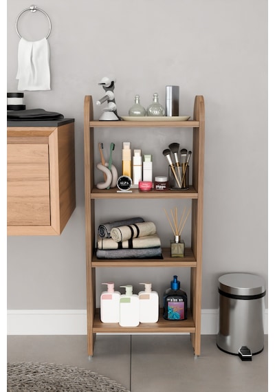 Alpaevmobilya Modern 4 Raflı Oval Kesim Banyo Düzenleyici Raf Metal Ayaklı Çok Amaçlı Raf Banyo Dolabı Açık Dolap Atlantik Çam