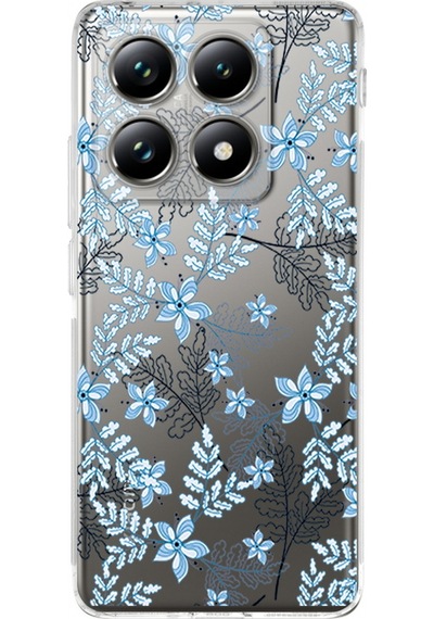 Xiaomi Mi 14t Pro İle Uyumlu Floral Mavi Baskılı Kamera Korumalı Şeffaf Kılıf