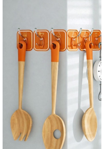 6'lı Turuncu Yapışkanlı Duvar Askısı Bornoz Havlu Mutfak Banyo Organizer 35 cm