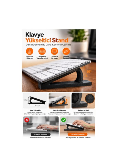 Ergonomik Klavye Yükseltici Stand - 15 Açılı 3d Baskı Masaüstü Klavye Tutucu