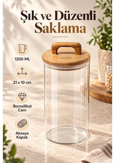 Atbyhome 12'li Kulplu Ahşap Kapaklı Düz Cam Kavanoz Seti 1200 Ml - Vakumlu Borosilikat Erzak Bakliyat Kabı Ahşap - Şeffaf