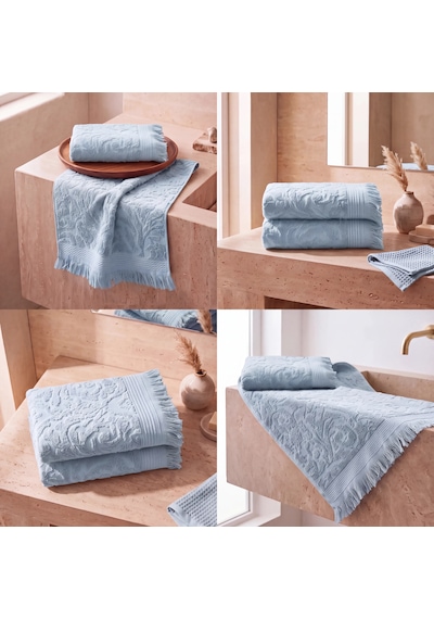 Botti Home %100 Pamuk Jakarlı 2 Li El Ve Yüz Havlusu Seti 50 X 90 Cm Çeyizlik Saçaklı Havlu Bebe Mavisi