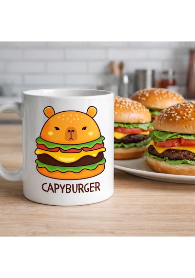 Capyburger Tasarım Kupa Model 230 Sevimli Kapibara Burger Baskılı Seramik Kahve Kupası Çok Renkli