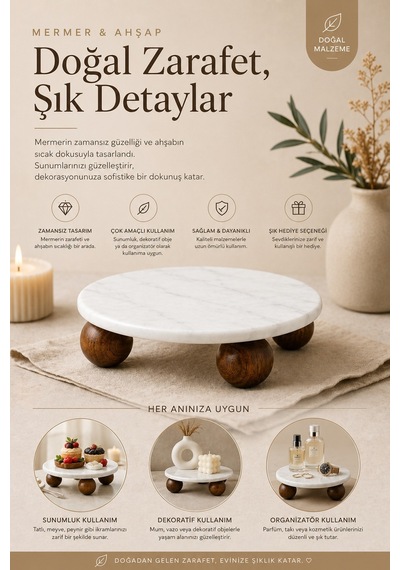 Yuvarlak Akasya Top Ayaklı Mermer Kahvaltılık Sunumluk Sunum Tabağı 25 Cm Beyaz