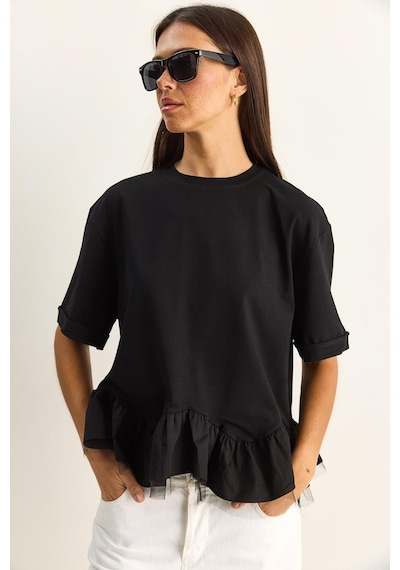 Shade Kadın Tül Detaylı Volanlı Oversize Basic T-shirt 8789 60286165 - Siyah
