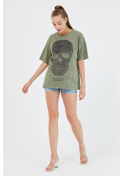 Kadın Parça Boya Baskılı Oversize Basic T-shirt Haki
