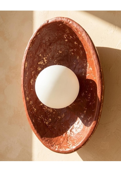 El Yapımı Seramik Kil Aplik Aydınlatma - Wabi Sabi Kırmızı Terakota Duvar Apliği - Led Aydınlatma - 30 X 22 Cm Oval
