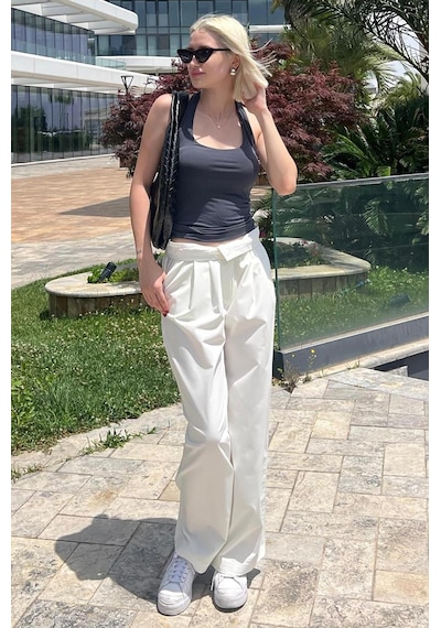 Madmext Beyaz Yüksek Bel Rahat Kesim Bol Paça Pantolon Mg2120-beyaz Beyaz