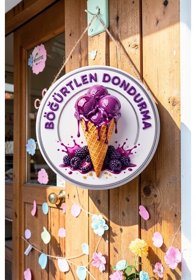 Böğürtlen Dondurma Görselli İpli Ahşap Kapı Ve Duvar Süsü, Cafe, Dondurmacı Tabelası, Tatlıcı Dekoru