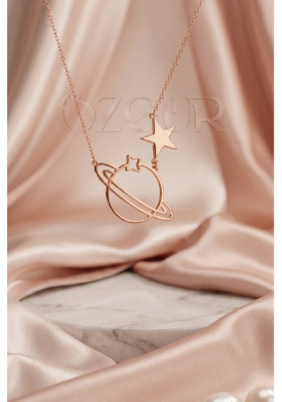 925 Ayar Gümüş Satürn Gezegen Ve Yıldız Figürlü Kolye Rose Gold