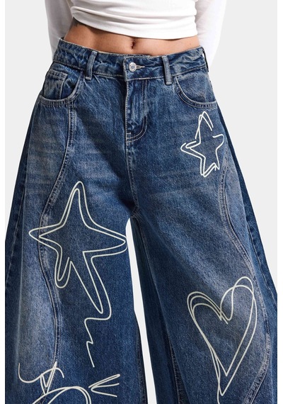 Kadın 2w6-5 Baggy Balloon Nakış Özel Tasarım Denim Jean Mavi