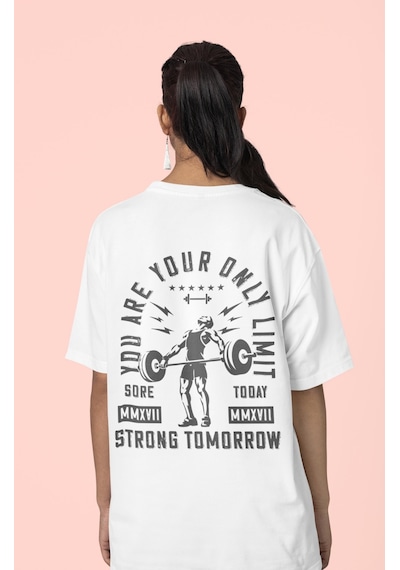Senin Tek Sınırın Sensin Halter Sırt Baskılı Unisex Oversize Fitn Beyaz