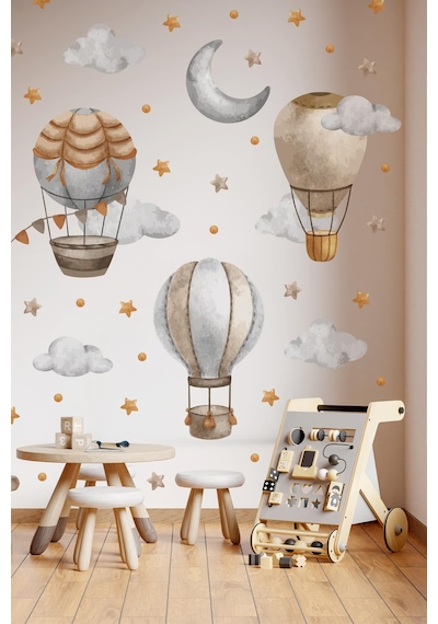 Bohem Retro Balonlar Ve Yıldızlar Çocuk Bebek Odası Kreş Anaokulu Süsleme Sticker Seti Mat Yüzey Dijital Baskı