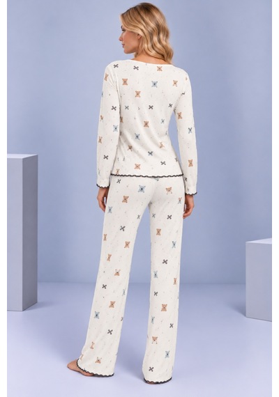 Pijamask Kadın Desenli Dantel Detaylı Fiyonk Ve Düğmeli Uzun Kollu Pijama Takımı Beyaz-22