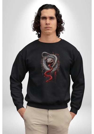 Beyaz Ve Kırmızı Yılan Unisex Siyah Baskılı Sweatshirt Siyah