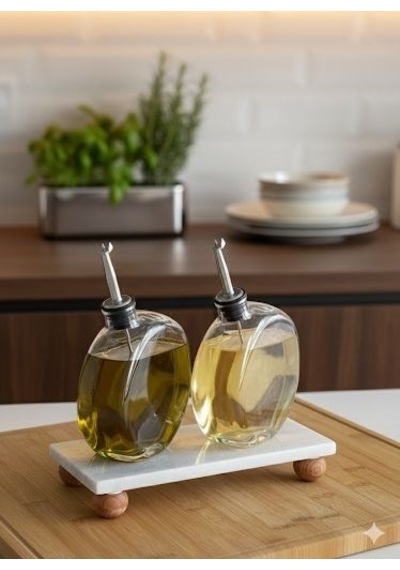Qerhome 2'li Mermer Stantlı Gümüş Başlıklı Yağlık&sosluk Seti 500 Ml Kavisli Model Şeffaf