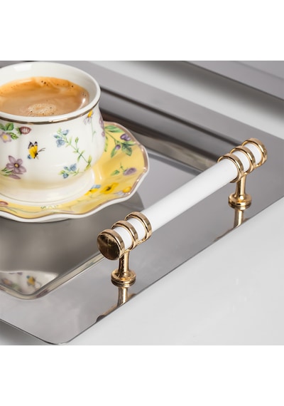 Porsima Yüzük 2li Paslanmaz Çelik Gümüş Sunum Tepsisi Gold Beyaz