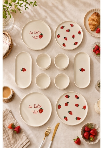 Vita Berry 10 Parça 4 Kişilik Çilek Desenli Stackable Seramik Kahvaltı Ve Sunum Seti Beyaz