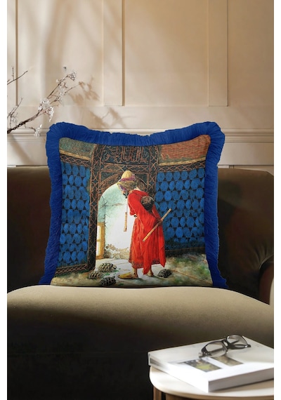 Osman Hamdi Bey Kaplumbağa Terbiyecisi Desenli Püsküllü Dekoratif Yastık - 45 X 45 Cm Renkli