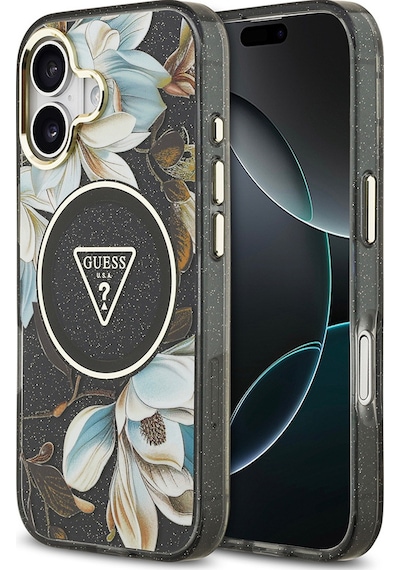 Apple Uyumlu iPhone 17 Kılıf Guess Lisanslı M-safeli Simli Çiçek Desen Metal Kamera Çerçeveli Üçgen Logolu Siyah Siyah