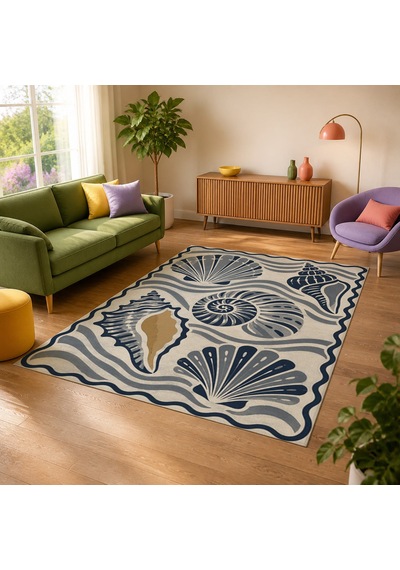 Kartela Halı Deniz Kabuğu Desenli Halı Lacivert Kaymaz Taban Makinede Yıkanabilir 200x300 Cm