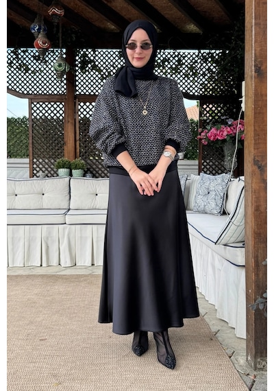 Rabia Şamlı Tanem Tüvit-saten Etekli Takım Beyaz Çizgili Normal