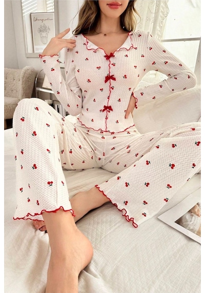 Bella Notte Pamuklu Kiraz Desenli Mevsimlik Pijama Takımı Kırmızı