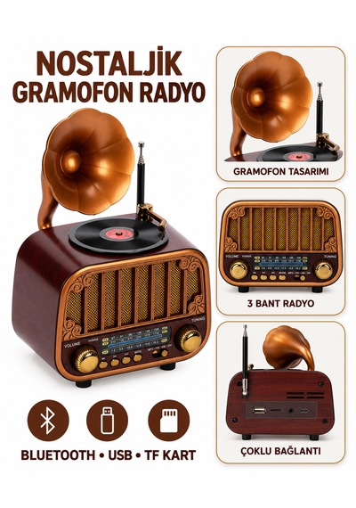 Nostaljik Gramofon Tasarımlı Radyo Bluetooth, Usb, Tf Kart Ve 3 Bant Multimedya Müzik Çalar