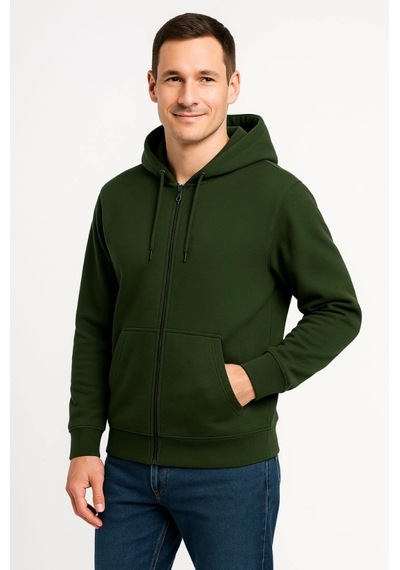 Erkek Üç İplik Kapüşonlu Tam Fermuarlı Kanguru Çepli Sweatshirt Hoodie - Haki Haki