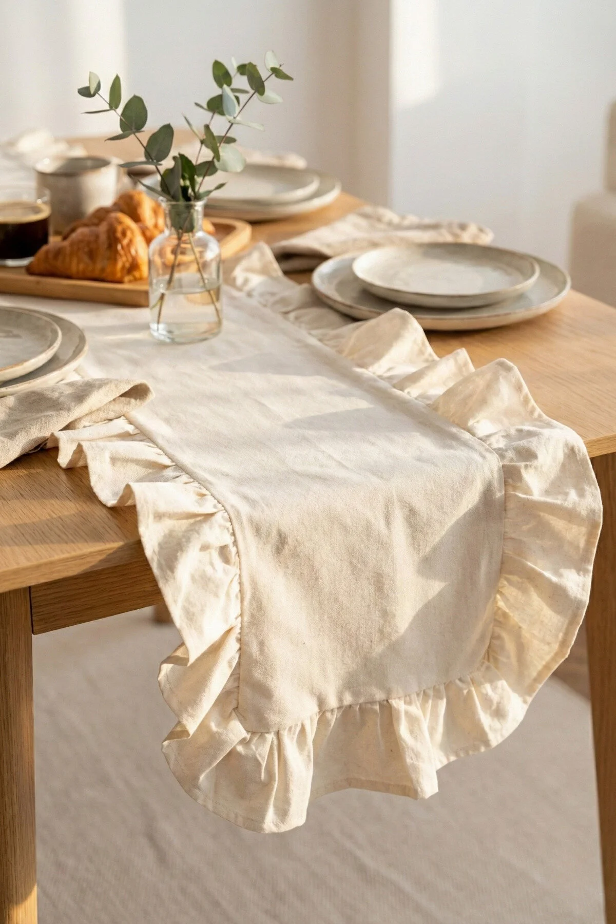 Morlay Ham Naturel Fırfırlı Keten Runner - 40x150 cm