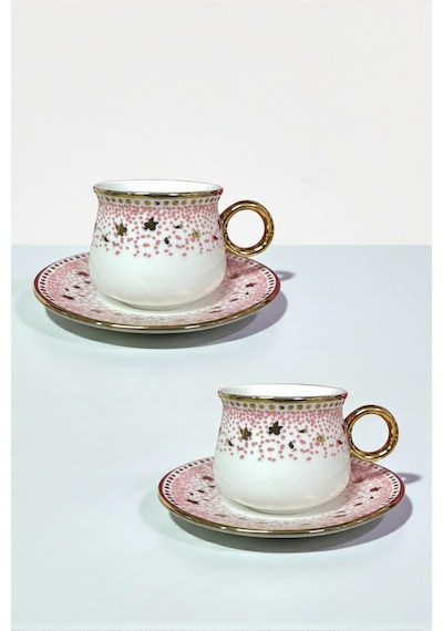6 Kişilik Bahar Esintisi Pembe Puantiyeli Gold Yaldızlı Kahve Fincan Seti - 90 Ml Diğer