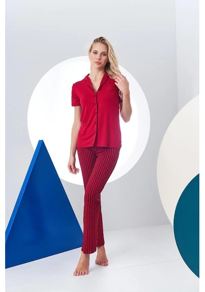 Pjs 24156 Kadın Çizgili Düğmeli Pijama Takım 001