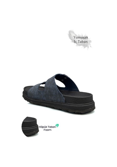 Sermoda Çift Toka Ayarlanabilir Genişlik Köpük Taban Rahat Deri Erkek Terlik Lacivert
